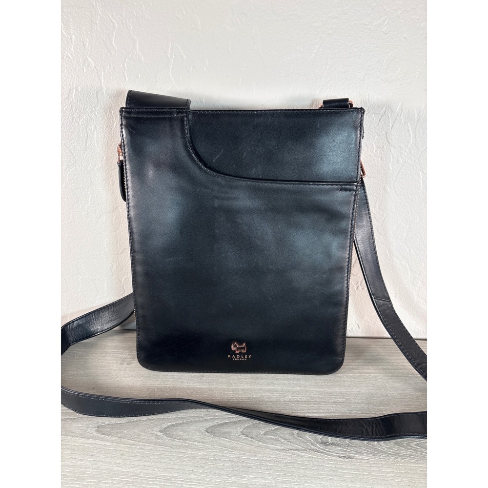 Radley London Black Leather Crossbody Bag Rose Gold Hardware Slim Messenger